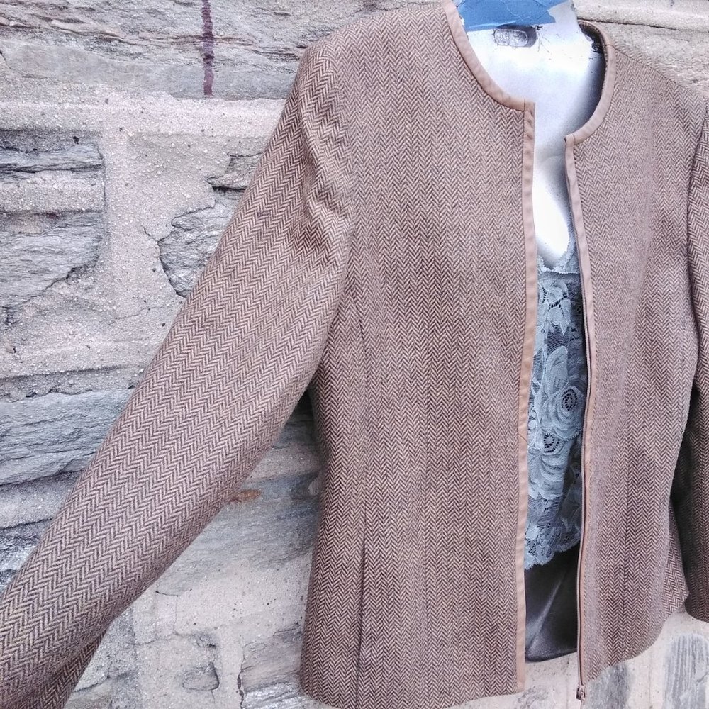 VINTAGE Wool Blend Tan Genuine Leather Trimmed Blazer Jacket